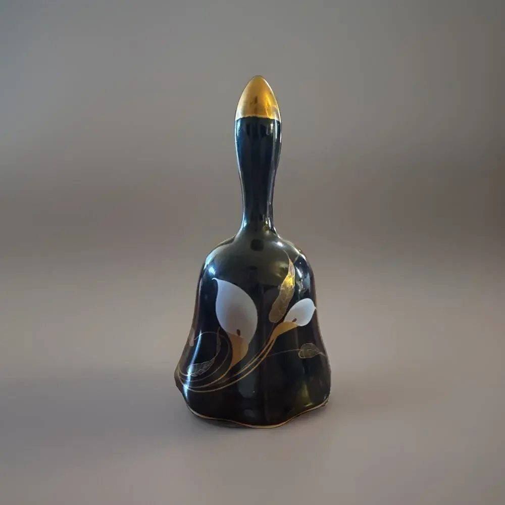 Vintage Otagiri Japan Black Gold Floral Ceramic Table Bell Pull Chain